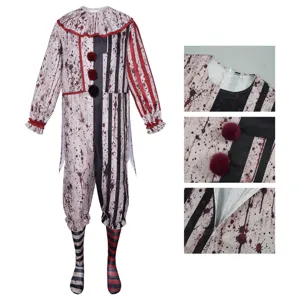 Dark clown Halloween cosplay costume detail view showing blood splatter pattern and zipper.