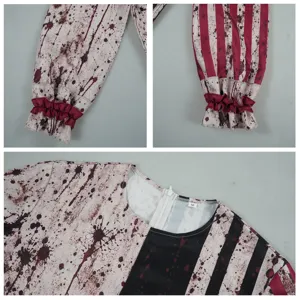 Dark clown costume detail view, blood splatter print, ruffles and zipper collar for party.