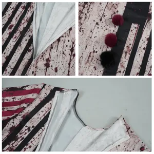 Halloween dark clown cosplay costume detail view featuring blood splatter and stripe design.