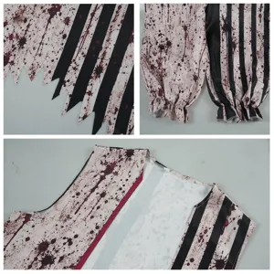 Dark clown blood-stained cosplay costume detail, featuring jagged hem and Halloween style.