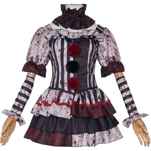 Dark clown cosplay costume detailed view featuring blood stain pattern and gothic ruffles.