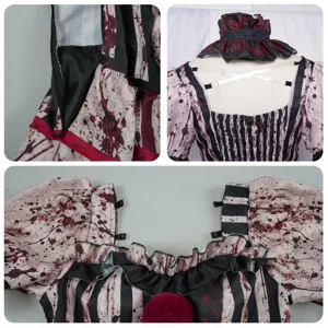 Dark clown cosplay costume detail shot showing blood-stained fabric, zipper, and collar.