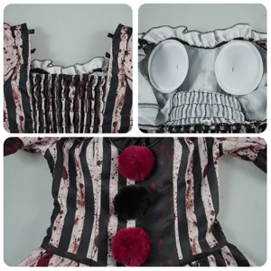 Dark clown cosplay costume detail photo, featuring horror blood stripe design and cute pom-poms.