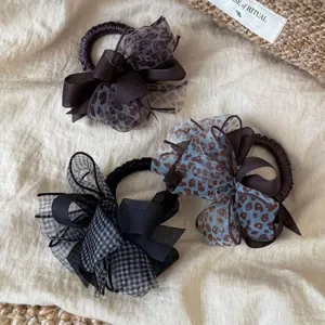 Coletero con Lazo de Estampado Leopardo y Cuadros Moda Coreana Malla Satén Tela Gomas para el Cabello Sujetador de Coleta Accesorios Mujer