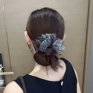 Coletero de pelo con estampado de leopardo azul coreano y lazo, accesorio diario chic