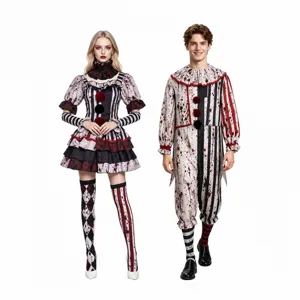 Halloween Horror Bloody Clown Cosplay Costume Striped Jumpsuit Dress Stage Performance Costume For Men Women Party Wear