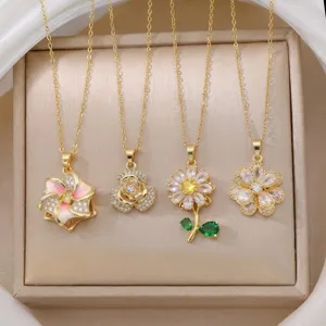 Collar Con Colgante de Flor Giratoria de Acero Inoxidable para Mujer Elegante Trébol Camelia Con Diamantes de Imitación Joyería de Moda Regalo