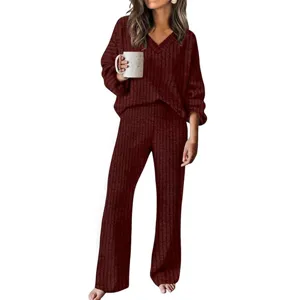 Ensemble de salon en tricot col en V pour femme pull et pantalon pyjama automne hiver