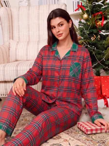 Christmas plaid women's long sleeve pajamas set casual loose sleepwear loungewear