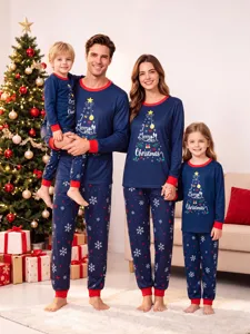 Family matching Christmas pajamas set long sleeve crewneck top and snowflake print pants homewear