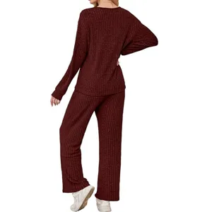 Ensemble de loungewear côtelé manches longues femme pull col V pantalon de pyjama