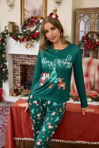 Women Christmas green long sleeve pajama set cute holiday sleepwear santa lounge suit