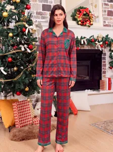 Christmas Women Red Plaid Pajama Set Long Sleeve Lapel Casual Loose Sleepwear Two-Piece