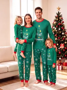 Family matching Christmas pajamas set, green long sleeve top and pants with holiday print.