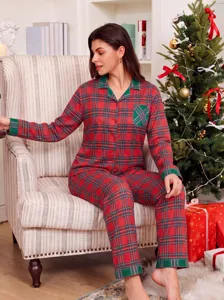 Christmas plaid pajama set for women, long sleeve button down top and cozy pants.