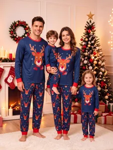 Family matching Christmas pajamas set, cute reindeer print long sleeve top and pants for winter.