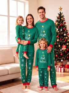 Christmas family matching pajamas set, long sleeve green top and snowflake print pants.