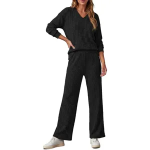 Femme col V manches longues ensemble loungewear pull en tricot et pantalon noir