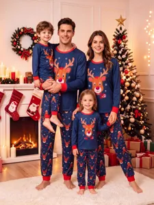 Family matching Christmas pajamas set with cute reindeer print long sleeve top and pants.