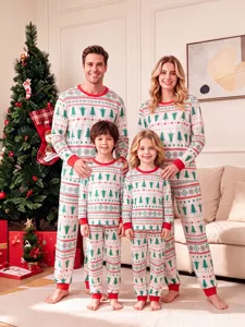 Family matching Christmas pajamas set featuring cute pine tree and geometric prints for cozy winter.