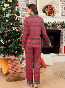 Women Christmas plaid pajama set long sleeve sleepwear holiday loungewear festive red plaid