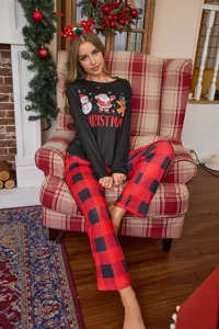 Christmas Pajamas Set Women Long Sleeve Top Red Black Plaid Pants Holiday Sleepwear