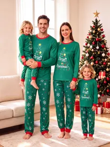 Family Christmas matching pajamas set long sleeve green sleepwear for parents and kids.