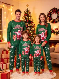 Family matching Christmas pajamas set long sleeve green sleepwear holiday wear family outfit