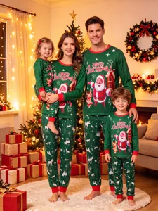 Christmas family matching pajama set featuring cute Santa and reindeer print long sleeve top.