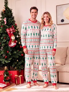 Christmas family matching pajamas set long sleeve green tree print sleepwear homewear