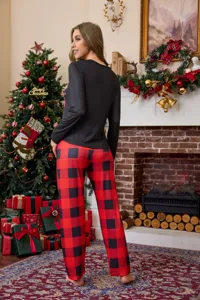 Women Christmas long sleeve pajama set black top red buffalo plaid lounge wear detail