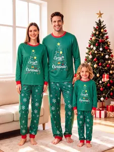 Family matching Christmas pajamas set featuring a festive tree print, cozy long sleeve design.
