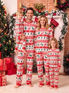 Cozy family Christmas matching pajamas featuring festive reindeer and tree prints for holiday.
