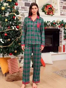 Christmas plaid long sleeve pajama set for women, casual loose sleepwear with lapel.