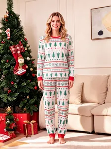 Detailed view of a women's Christmas long-sleeve pajama set with green trees and red geometric prints.