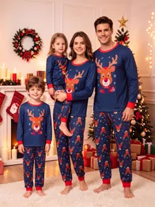 Family Christmas matching pajamas set featuring cute reindeer print, long sleeve top and pants.