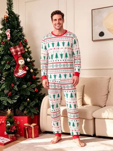 Men's Christmas long sleeve pajama set with festive tree and geometric print for holiday.
