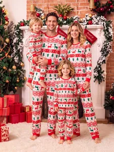 Christmas matching family pajamas set long sleeve red reindeer sleepwear homewear
