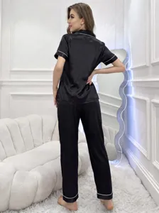 Ensemble Pyjama Élégant Satin Femme Haut Manches Courtes Et Pantalon Long Vêtement Nuit Noir