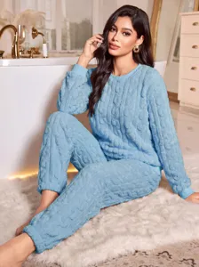 Women fleece pajama set long sleeve soft cozy warm loungewear winter sleepwear blue
