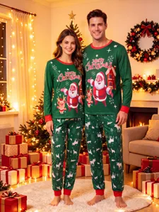 Festive Christmas couple pajamas set with Santa print, long sleeves and cozy green pants.