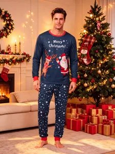 Pyjama de noel pour homme haut a manches longues avec renne et pere noel pantalon
