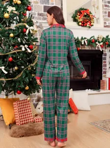 Christmas green plaid long sleeve lounge set, detailed back view in cozy holiday room