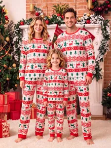 Family matching Christmas pajamas set featuring long sleeve red white reindeer tree print.