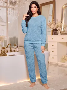 Women's thick coral fleece pajama set long sleeve top and pants cozy loungewear for autumn winter