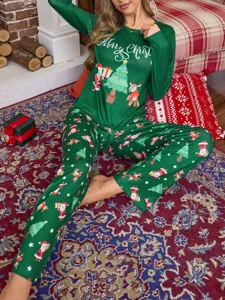 Women Christmas Long Sleeve Pajama Set Holiday Sleepwear Casual Green Loungewear