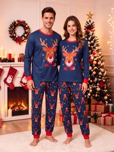 Cozy Christmas family matching pajama set featuring cute reindeer prints and contrast trim.