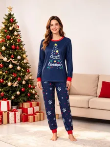 Christmas family pajama set featuring a round neck long sleeve top and cozy printed long pants.