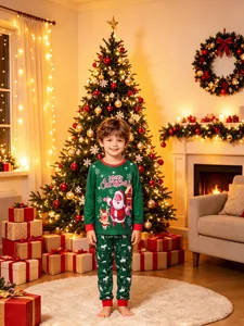 Christmas kids long sleeve pajama set with cute Santa print, cozy holiday loungewear for boys.