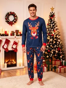Christmas Reindeer Print Men Pajama Set Long Sleeve Top Pants Autumn Winter Sleepwear